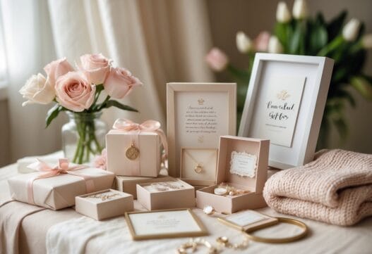 Et udvalg af personlige gaver til mødre, præsenteret i stilfuld indpakning og kreative designs.